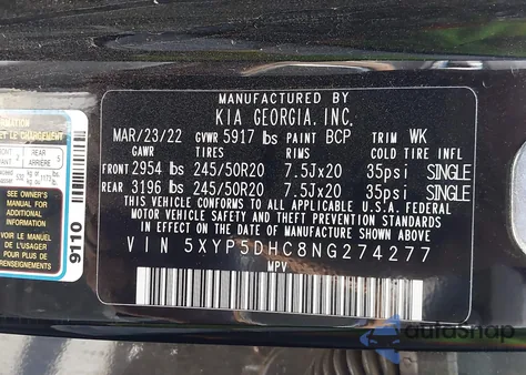 2022 Kia Telluride Sx z USA, uszkodzony, nr VIN 5XYP5DHC8NG274277